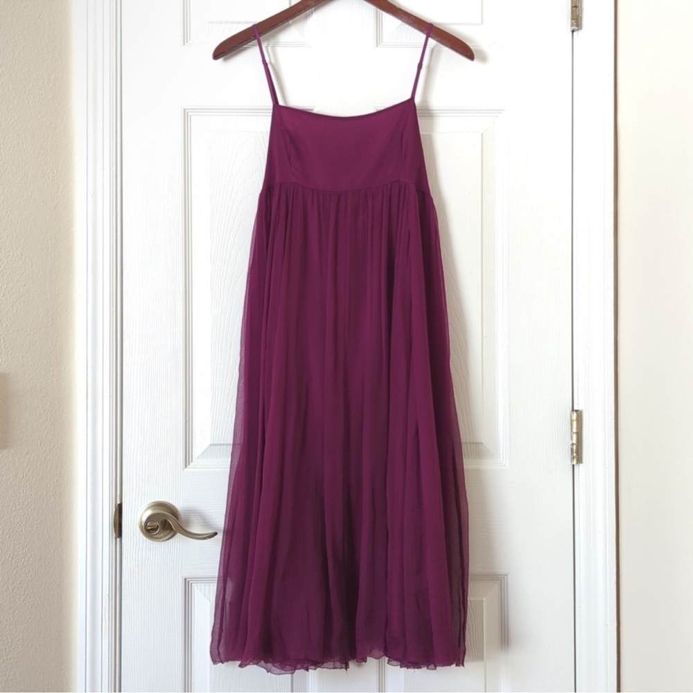 Saja 100% Silk Chiffon Flowy Sleeveless Empire Waist A-Line Midi Dress Purple 8